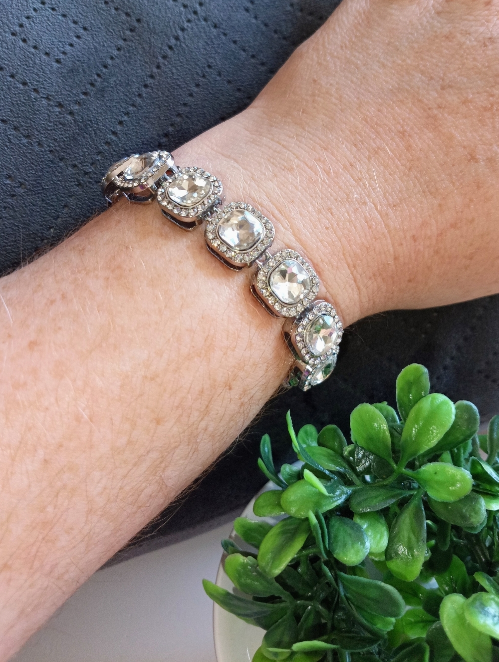 Silver Tone Crystal Tennis Bracelet Cushion Cut Halo Rhinestone Statement